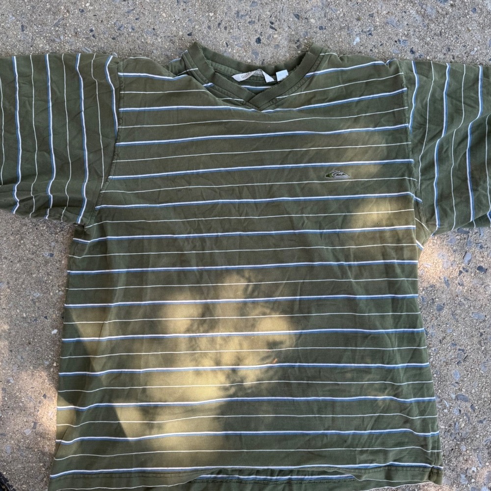 Vintage Quiksilver Striped V-Neck T-Shirt Mens XL Olive Green Distressed Surf